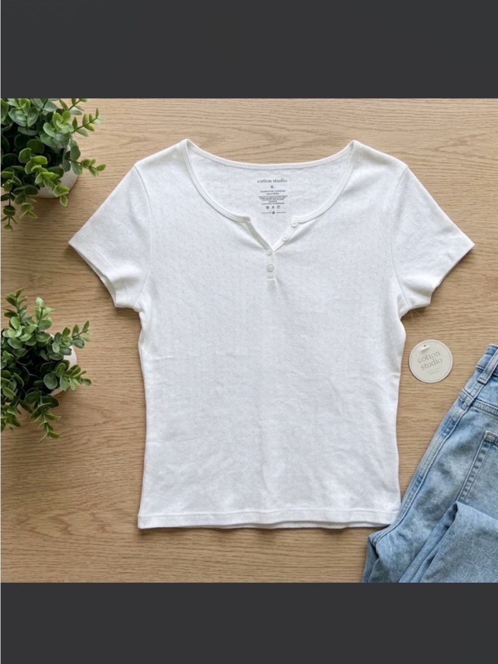NWT Cotton Studio White Pointelle Henley T-Shirt 100% Cotton - Size